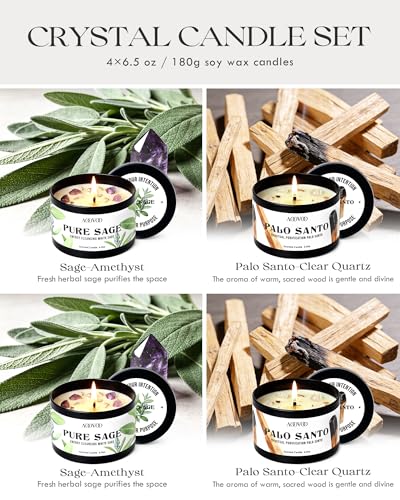 Image of AOOVOO 4 Pack Sage Candles - 2 Sage & 2 Palo Santo Candle Set with Crystals & Decor, 26oz 200 Hours Long Lasting, Non Toxic Candles for Spiritual House Energy Cleansing