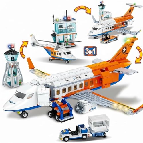 Image of SKY LINE OCEAN City Airport Airplane Building Blocks Set (715+ PCS) | 3-in-1 Passenger Plane, Radar Tower, Baggage Truck & Shuttle Bus | STEM Toy for Kids 6+ | 5 Year Structural Warranty