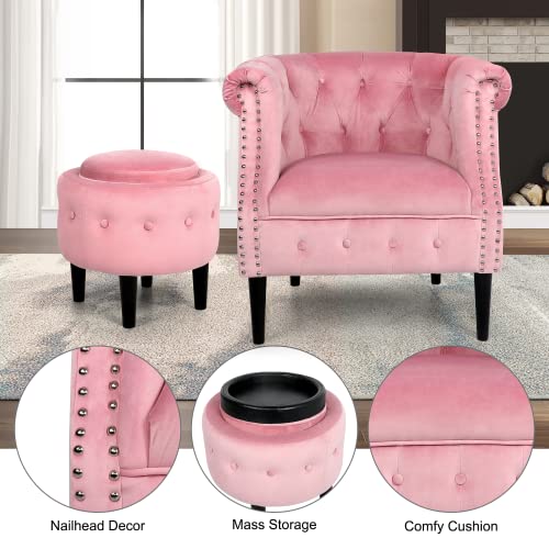 Mid-Century Accent Chair With Storage Ottoman, Modern Velvet Armchair Button Tufted Rivet Barrel Chair, Comfy Single Sofa Chair Ottoman Set For Living Room Bedroom Reading Room (Pink) #TOP2