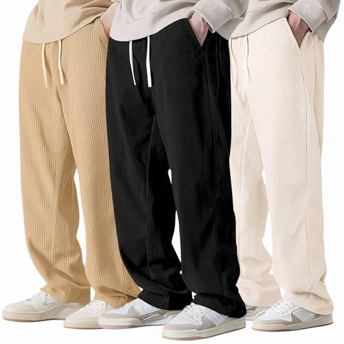 Image of Preneum Men Mid Rise Poly Cotton Loose Fit Trouser || Korean Style Travel & Lounge Wear with Pockets (Available in Plus Size) (Combo Pack of 3)