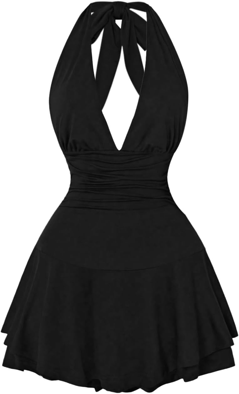Women's Y2k Halter Dress Sexy Ruched Tie Backless Tiered Layer Mini Dresses Deep V Neck Club Party A Line Short Dress