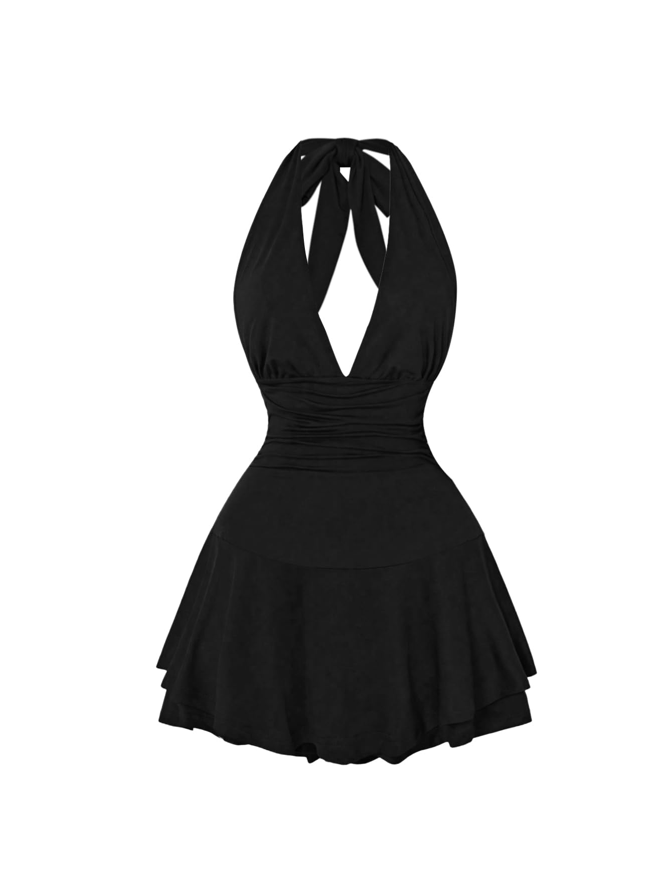 Women's Y2k Halter Dress Sexy Ruched Tie Backless Tiered Layer Mini Dresses Deep V Neck Club Party A Line Short Dress