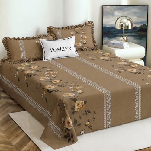 Image of VOMZER Cotton Feel King Size Flat Bedsheet for Double Bed, 1 Cotton Feel Bed Sheet Double Bed (90x100 Inches) with 2 Frill Pillow Cover, Beige Lily