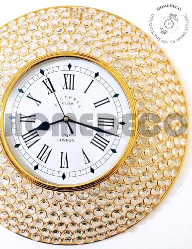 Image of HOMEDECO Decorative Crystal Wall Clock Analog 6 Lines of Diamond Beads Iron Clock, Roman Numbers Modern Fancy Designer Clock, Luxury Large Victoria for Home Decor Items Best Gift (Golden 39x20.32cm)