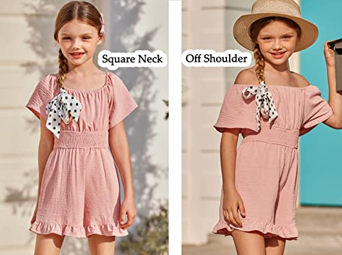 Hopeac Girls Smocked Jumpsuits Tie Knot Ruffle Hem Suqre Neck Spring Summer Casual Fashion Wide Leg Rompers Pink12-13Y #TOP1