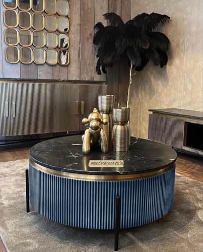 Image of WOODEN SPACE Premium Luxury Nazaara Marble-Top Coffee Table with Iron Legs & PVD Coating | Modern Round Wooden Center Table for Living Room & Entryway