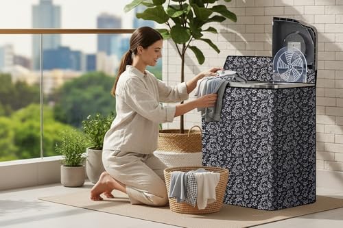 Image of The Furnishing Tree Semi-Automatic Top Load Washing Machine Cover | Waterproof & Dustproof | Easy to Clean | Durable & Washable, Dense Floral Vine Print Polyester (50x80x86 CM)