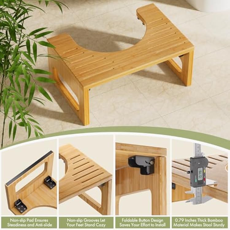AmazerBath 7 Inches Bamboo Toilet Stool Squat for Adult, Foldable Squatting Potty Stools for Bathroom, 0.79 Thickness Poop Stool with Non-Slip Strip, Space-Saving, No Assembly Required, Natural Color