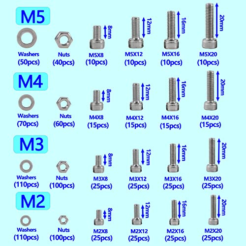 HVDHYY Nuts and Bolts set M2 M3 M4 M5 945pcs Machine Screws Nuts Washers Assortment kit 304 Stainless Steel A2-70 Hex Socket Head Cap in Transparent Assorted Box (with 4 sizes Hex Wrenches) - Image 2