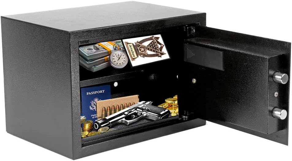 Amebee Mini Safe Security Box, Metal Storage Safe Cabinet with Secure Digital and Key Lock Compartment, Black (E25EA)
