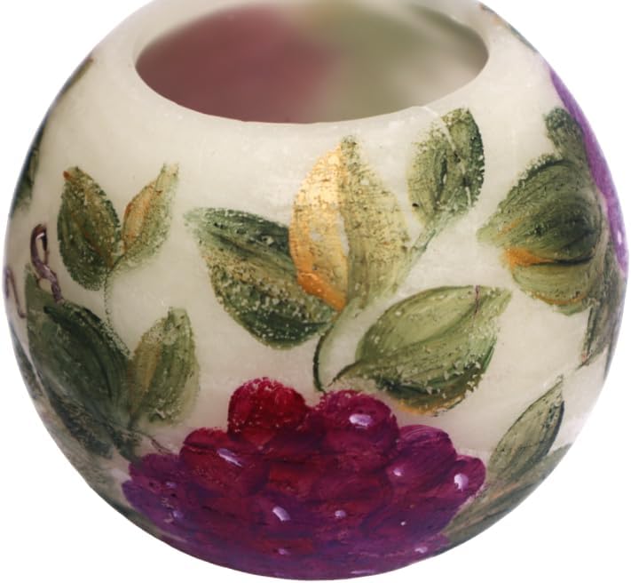Large Round Genuine Wax Coated Flickering Flameless Pot Candle with Artist Hand Painted Grapes and Vines Grapevines Design Mediterranean Decor
