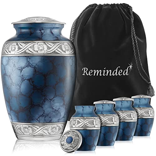 Reminded Set of 5 Decorative Cremation Urns for Human Ashes - 1 Adult + 4 Keepsake Token Size, Blue