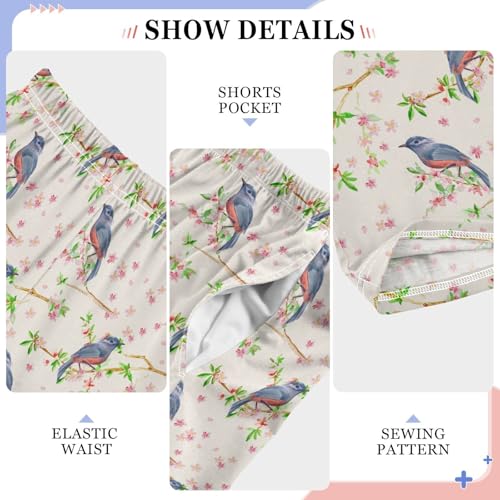 Birds Spring Floral Boys Long Pants Soft Trousers Elastic Waist Kids Lounge Bottoms with Pockets S-XL4