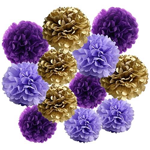 Image of 12pcs Dark Purple,Light Purple and Gold Paper Pom Poms Decorations for Party Ceiling Wall Hanging Tissue Flowers Decorations - 3 Colors of 12 Inch, 10 Inch.