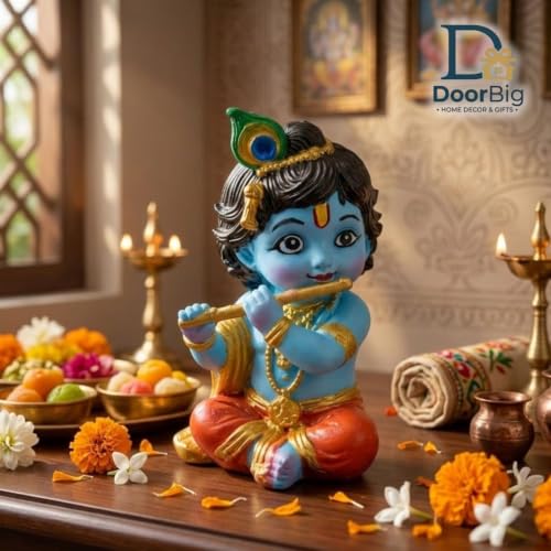 Image of Little Krishna Idol for Car Dashboard | Bal Gopal Laddu Gopal Murti | Cute Baby Krishna Statue for Home Temple, Office Desk & Pooja Room Decor | Resin Showpiece | Janmashtami Gift