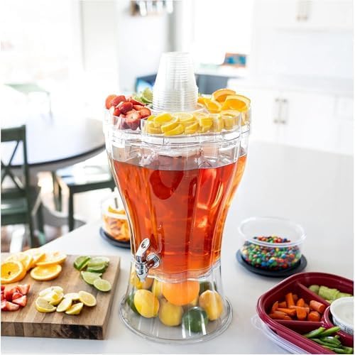 3.5 Gallon Beverage Dispenser with “Party-Top” Tray, Removable Ice-Cone, Lock-On Base & Easy-Flow Spigot, Break-Resistant Tritan with Embossed Mixing Marks, Dishwasher Safe