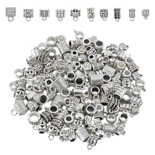 DICOSMETIC 140pcs Spacer Bail Beads 14 Styles Alloy Connector Bails Beads Antique Silver Loop Hanger Links for European Bracelet Necklace Jewelry Making