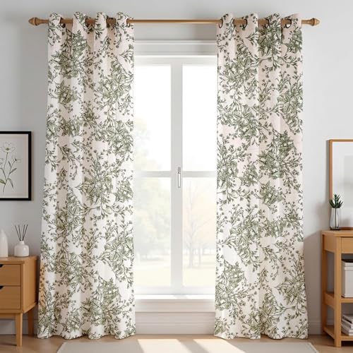 Image of LINENWALAS Cotton Sheer Curtains for Window - Light Filtering 5 Feet Set of 2, Aesthetic Cafe Curtain Floral Printed Drapes with Grommet Hanging - (L 5FT x W 4.5FT, Green Botanical)