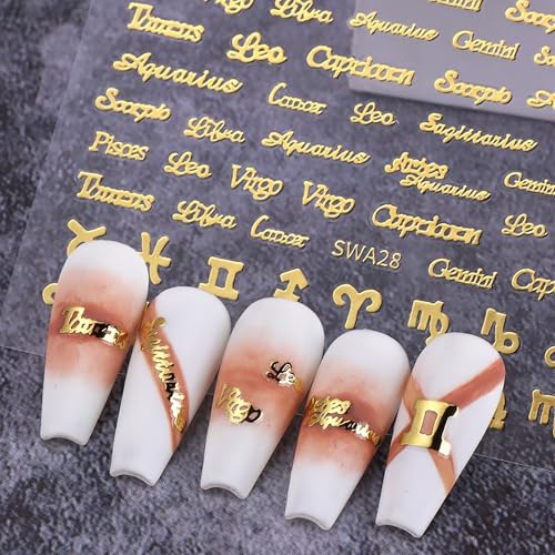 MOLILON 3 Sheets Gold Zodiac Nail Art Stickers Decals 3D Twelve Constellation Nail Decals Zodiac Letter Stickers for Nails Self-Adhesive Zodiac Sign Nail Stickers Design for Women Girl