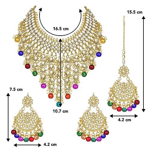Image of Peora Kundan & Beads Studded Necklace Earrings & Maangtikka Set Ethnic Jewellery for Women & Girls