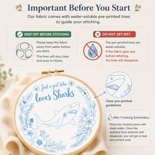 Image of Louise Maelys Cartoon Shark Embroidery Kit for Beginners, DIY Stitching