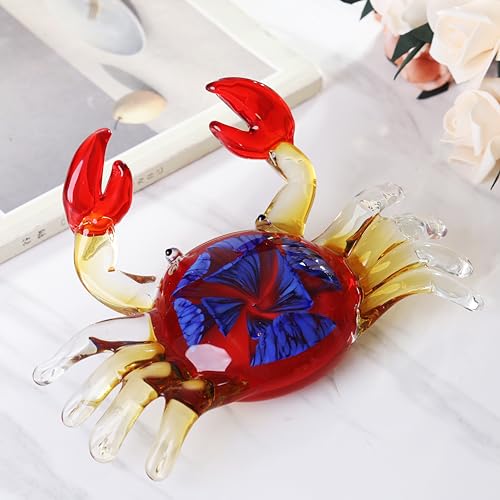 YAOYUAN-Handmade-Red-Glass-Crab-Paperweight-with-Blue-Flower-Unique-Glass-Animal-Sculpture-for-Home-Decor YAOYUAN Handmade Red Glass Crab Paperweight with Blue Flower Unique Glass Animal Sculpture for Home Decor