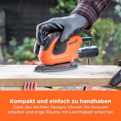 BLACK+DECKER Dreieckschleifer Mouse für staubfreies Schleifen (55 Watt Schleifmaschine, Schleifplatte 133 x 95 mm, Schleifen/Polieren, inkl. Schleifpapiere + Fingerschleifpapier) BEW230BCA – Bild 3