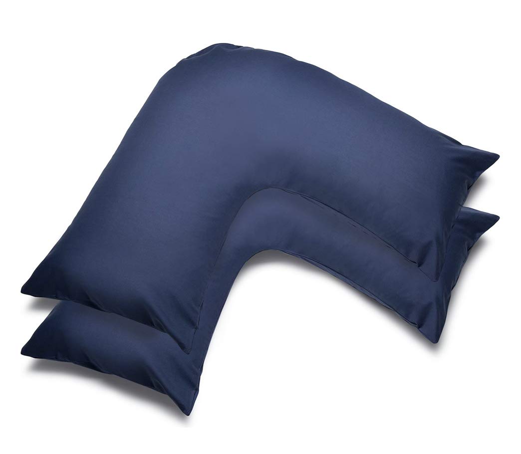 Mfabrics Navy Pack Of 2 | Poly-Cotton Plain Dyed V Pillow Covers | Uk V-Shaped Pillowcase Pair (Navy)