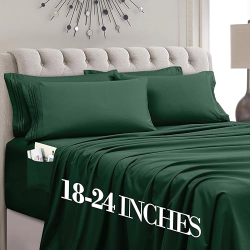 Image of Mocassi Luxury 6-Piece Sheet Set, Ultra Soft 1800 Premium Hotel Quality Microfiber Sheet Set, Fits Mattresses Up to 18 to 24 Inches Extra Deep Pocket- Breathable and Secure Fit, Cal King, Hunter Green