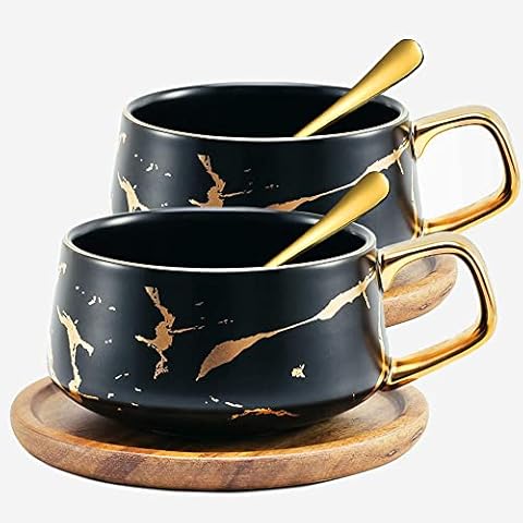 TELANKS 2 Stücke Espressotassen, 300 ml Cappuccino Tassen Set, Marmor Kaffeetasse mit Untertasse, Porzellan, 2 Tasse, 2 Untertasse, 2 Löffel Cover