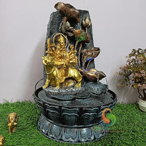 Image of Decorative Table Top Water Fountain for Home Decor /Office /Indoor & Outdoor /Garden /Puja Room /Vaastu with Multicolor LED Light and Adjustable Water Pump (Durga MAA)