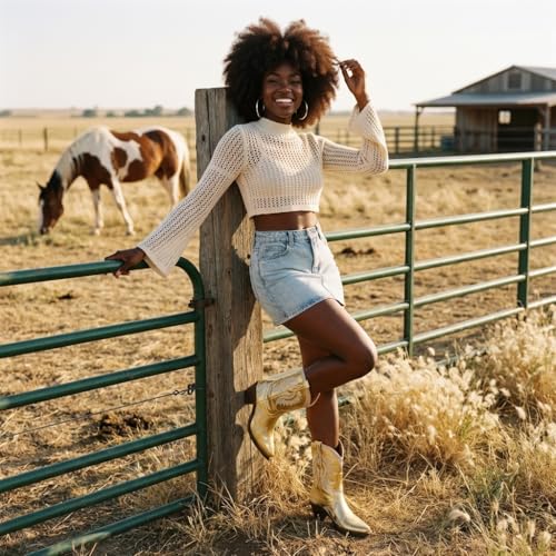 Image of HOCHFART Western Boots for Women Metallic Embroidered Pointed Toe Cowgirl Boots Chunky Heel Pull-On Short Cowboy Boots Wide Calf Country Ankle Boots