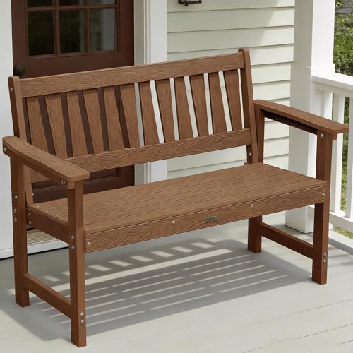 YEFU Outdoor Bench Weatherproof for Patio: 2-Person HIPS All Weather Garden Benches - Comfortable & Heavy Duty Patio Benches for Front Porch Backyard Park - Outside Furniture Bench Teak