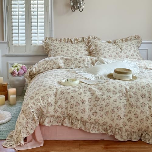 VM VOUGEMARKET Muslin Cotton Duvet Cover Set Queen,Vintage Flower Comforter/Quilt Cover with Romantic Ruffles,Soft, Breathable & Lightweight 90"x90"