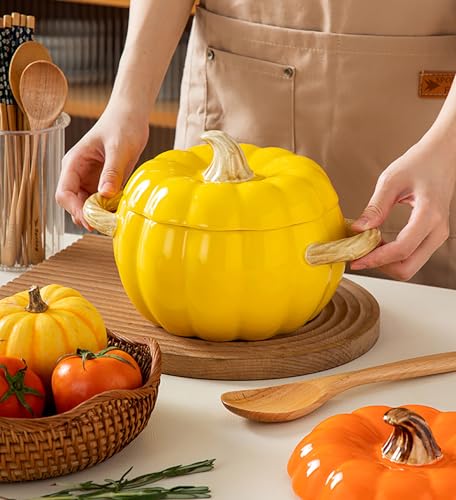 CVQWRJH Ceramic Pumpkin Casserole Pot,Pumpkin Dutch Oven Pot with Lid,Halloween Pumpkin Soup Bowls, Creative Tableware Ceramic Pumpkin Bowl for Thanksgiving Autumn Fall Baking Halloween,Pink,1.7qt