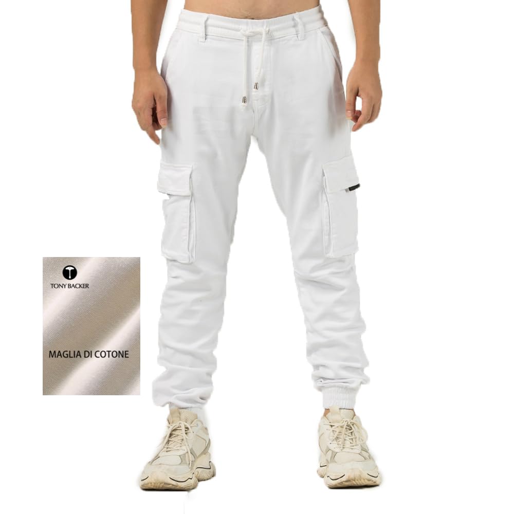 TONY BACKER Pantaloni Cargo Uomo in Maglia di Cotone Multitasche Laterali Casual e Chiusura Coulisse e i Lacci nella Vita 7905