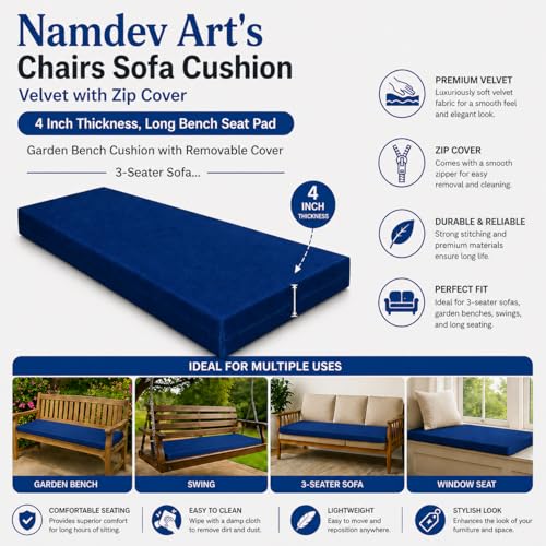 Image of Namdev Art's Chairs Sofa Cushion Pu Foam with Zip Cover 4 Inch Thickness, 3-Seater Sofa Foam Seat for Home (Blue, 60x24)