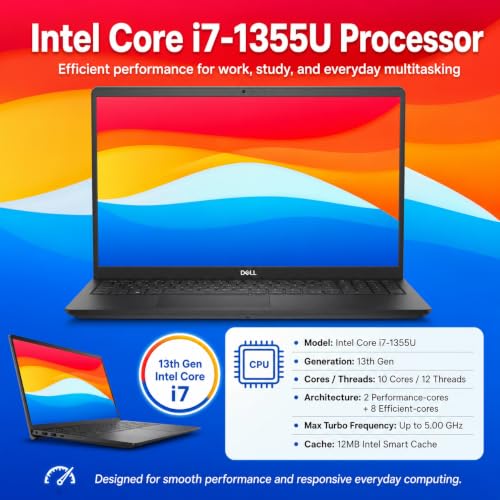 Image of Dell DC15250 Ai Touchscreen Laptop, Intel i7 CPU 16GB DDR5, 512GB SSD | 15.6 inch FHD LED 220 Nits Anti-Glare, Wi-Fi6, Webcam, Copilot Key, Black - Windows 11 Pro