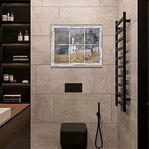 Country Church Wall Art Christian Church Pictures Wall Decor 3D Window Church Canvas Painting Print Rustic Religion Faith Farmhouse Home Decor Artworks Framed For Living Room Bedroom Office 20"X16" #TOP5