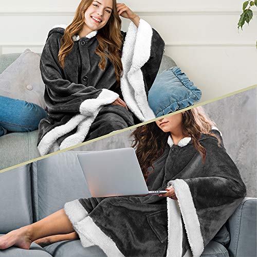 Pavilia Angel Wrap Hooded Blanket | Poncho Blanket Wrap With Soft Sherpa Fleece | Wearable Blanket Throw Gift With Hood Pockets Cape | Plush Warm Shawl Cozy Gifts For Women Wife (Gray) #TOP4