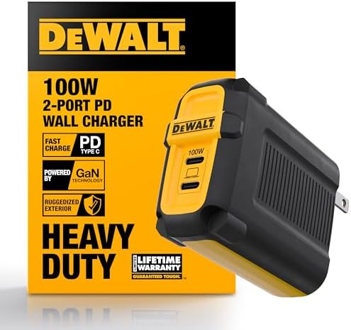 DEWALT 100W USB C Charger Block(GaN), 2 Port Fast Compact Wall Charger for MacBook Pro, MacBook Air, Google Pixelbook, ThinkPad, Dell XPS, iPad Pro, Galaxy S22/S20, iPhone 15/14/Pro, and More