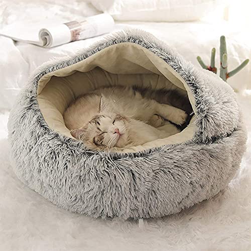 Round Cat Bed Nest Soft Fluffy Plush Burrowing Cave Hooded Cat/Small Dog Bed Pet Tent Sleeping Bed Winter Warm Anti-slip Machine Washed Premium Bed,50CM,Grey A