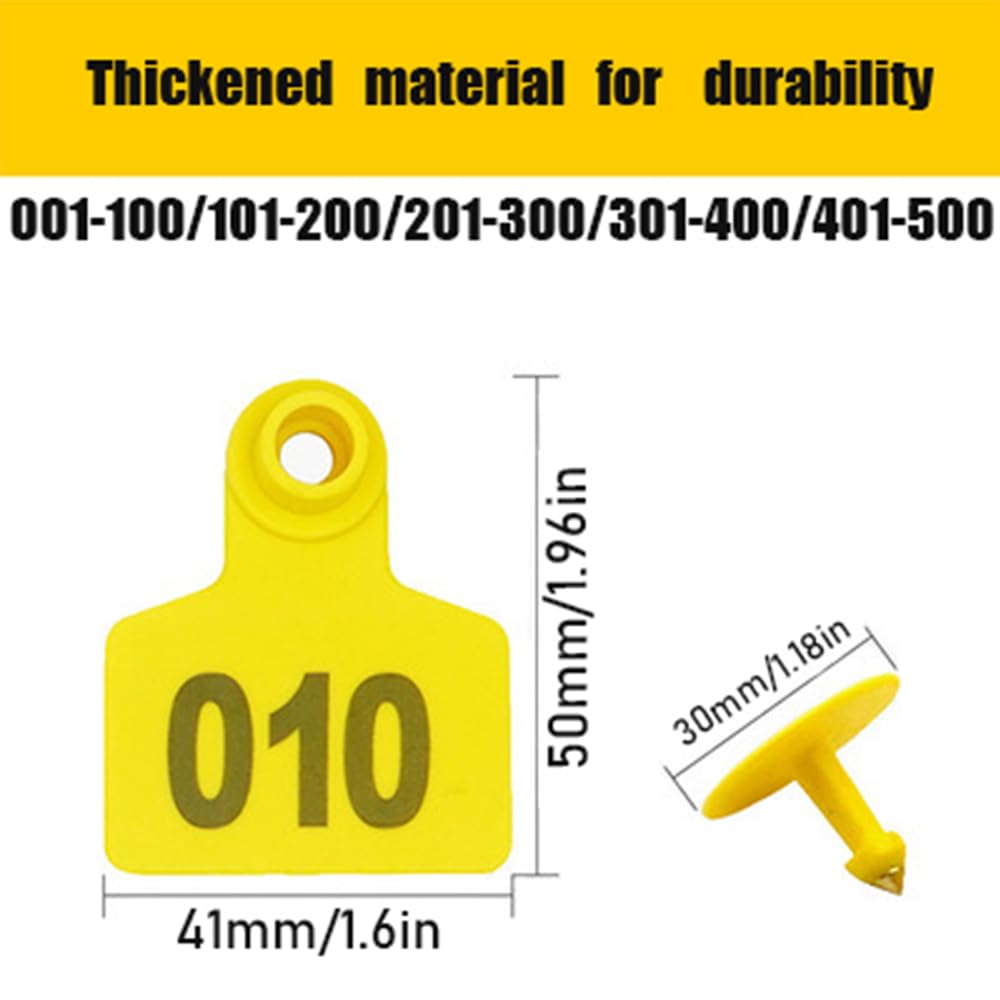 Znaczniki dla zwierząt, Zestaw kolczyków dla bydła, wielokolorowy, numerowany 001-500, z aplikatorem(Yellow,401 500)