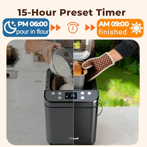 Image of Rosewill 25-in-1 Automatic Bread Maker Machine with 3 Loaf Size up to 2 Lb, 700W High Power Dual Heater with BPA-free Nonstick Coating Pan, Max 15 Hours Delay Timer, Low Noise - Gray