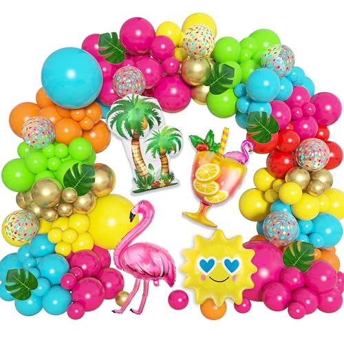 168Pcs Tropical Balloons Arch Garland Kit, Luau Flamingo Summer Beach Party Decorations Hot Pink Green Orange Blue Balloons Palm Leaves for Hawaiian Aloha Pool Baby Shower Wedding Birthday Supplies