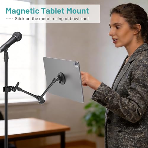 Image of Magnetic iPad Holder for Microphone Stand / Music Stand,Tablet Mount Compatible with MagSafe 4.7~13.5 inch iPad /Pro /Mini /Air,Galaxy Tab,Nexus,e-Reader,iPhone,360Adjustable 10 inch Long Aluminum Alloy Arm