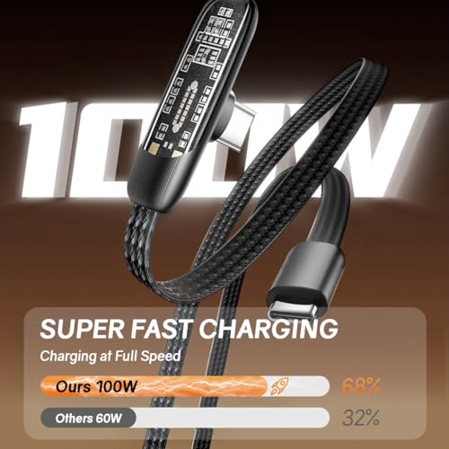 Image of Verilux PD 100W Type C Cable Fast Charging 6.6Ft, Right Angle C Type Charger Cable with No Tangle Flat Nylon Braid, Support 480Mbps Data Transfer for iPhone 17 /17 Pro /17 Pro Max 16 /15, Galaxy S25 /S24