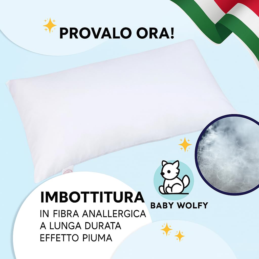 BABY WOLFY-Cuscino Lettino Bambino 40x60cm certificato OEKO-TEX® 1 2 3 4 anni 100% Cotone Antiacaro Anallergico Traspirante Morbido per Letto Culla Passeggino Asilo Nido Made in Italy