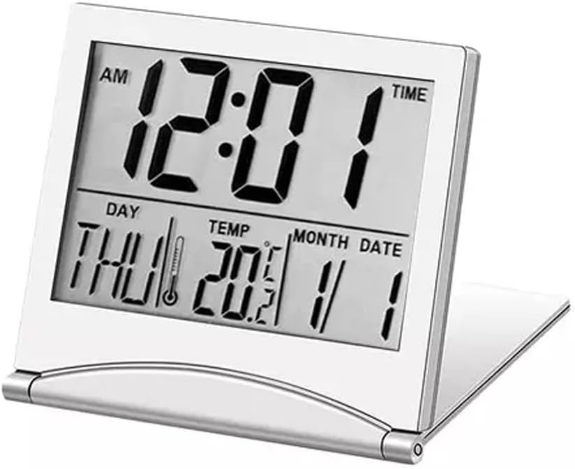 Portable Digital Travel Alarm Clock with Large LCD Display, Timer and, Silent Operation, 8 Alarm Tunes, for Home Office Hotel Use(WHITE)