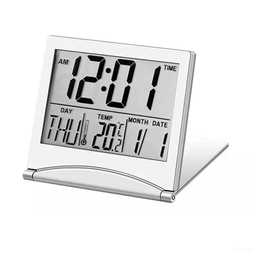 Portable Digital Alarm Clock with Large LCD Display, Timer & Thermometer - Compact Travel Clock for Home or Office, Silent Operation, 8 Alarm Tunes, White(White)